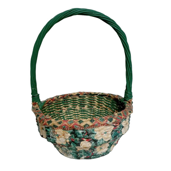 🎄🧺1980s Decoupage Wicker Basket Floral Red Green White Vintage Decor 💐 - Picture 2 of 16